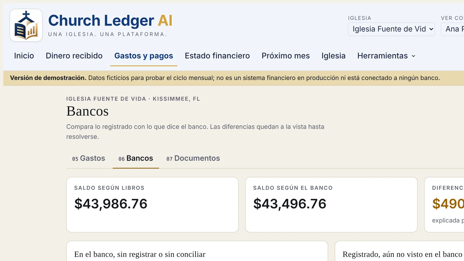 Pantalla Bancos con el saldo de los libros y el saldo del banco