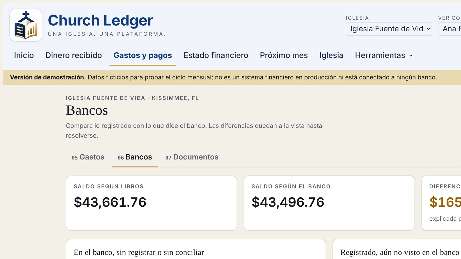 Banks screen showing book balance and bank balance