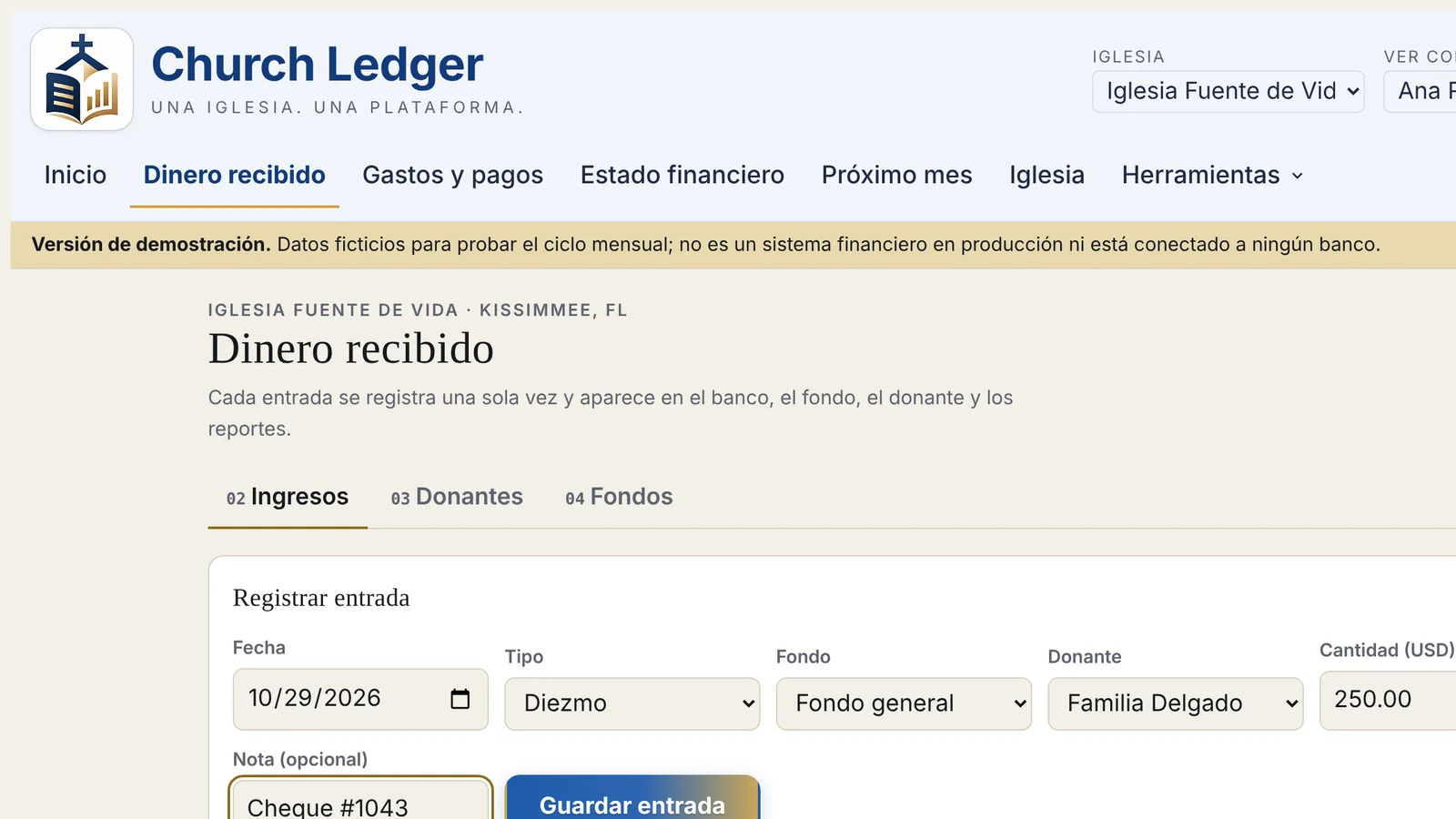 Money received screen with the form to record an entry
