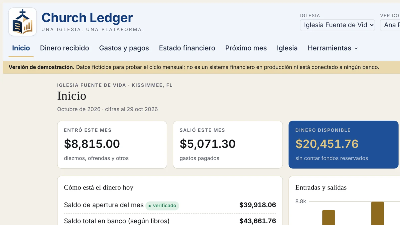 Church Ledger home screen showing the money available this month