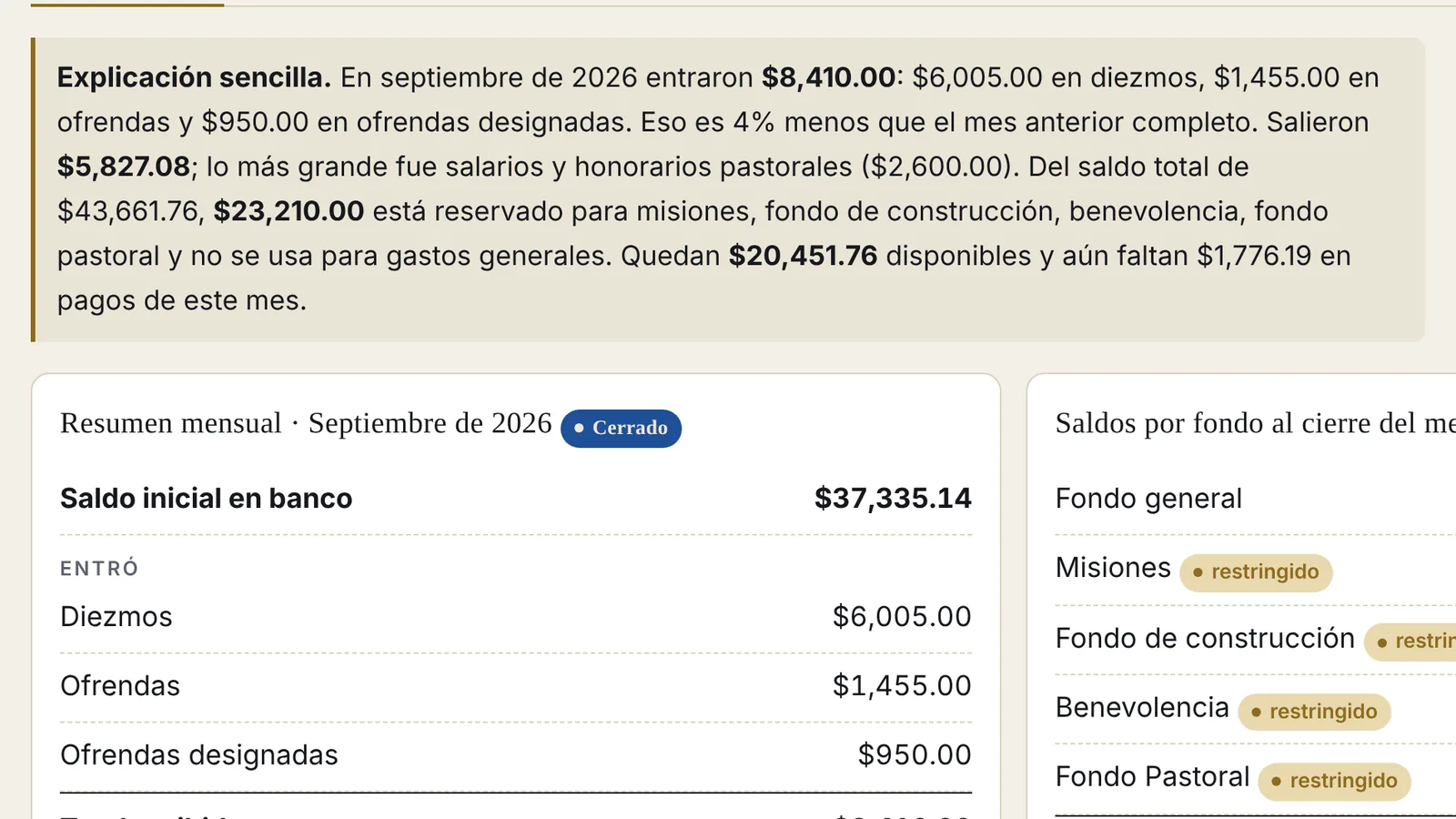 Reports screen with the plain-language monthly summary